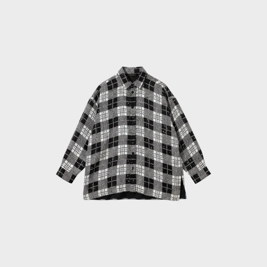 Tasoni Balenciaga oversized black and white check shirt in cotton and silk with sequin embroidery