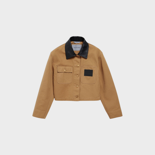 Tasoni Balenciaga cropped workwear jacket in tan cotton with a black leather collar and front patch pockets.