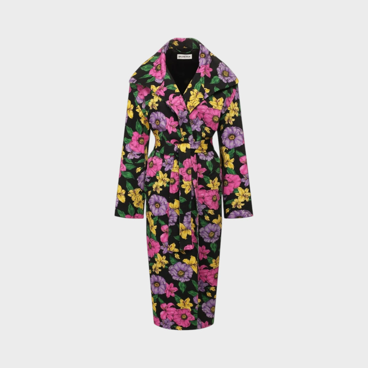 Tasoni Balenciaga cotton drill trench coat featuring a vibrant black, purple, and yellow floral print with a belt.