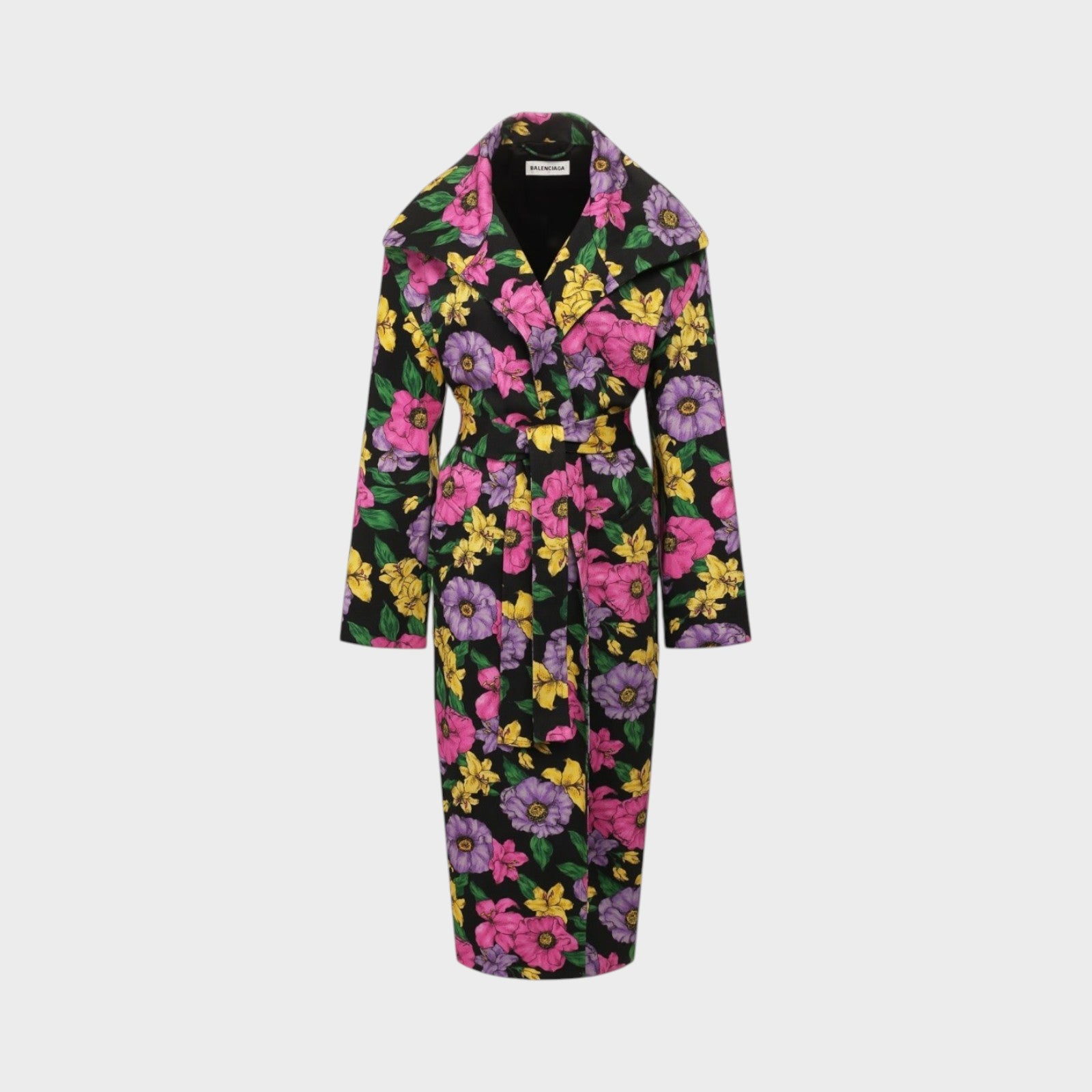 Tasoni Balenciaga cotton drill trench coat featuring a vibrant black, purple, and yellow floral print with a belt.