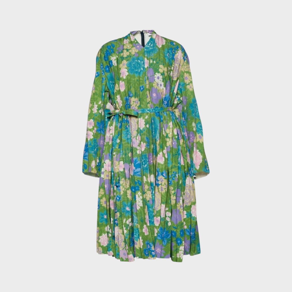 Tasoni Balenciaga semi-fitted floral print dress in green with blue and pink flowers and pleated skirt detail.