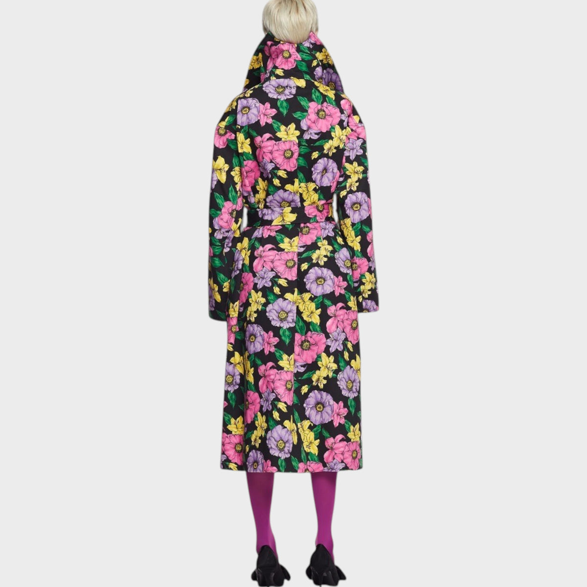 Tasoni Balenciaga cotton drill trench coat featuring a black base with vibrant purple and pink floral print