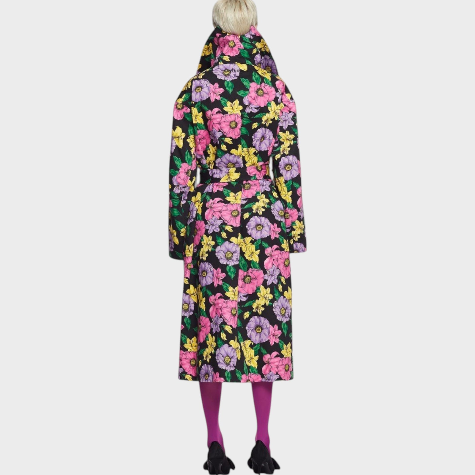 Tasoni Balenciaga cotton drill trench coat featuring a black base with vibrant purple and pink floral print