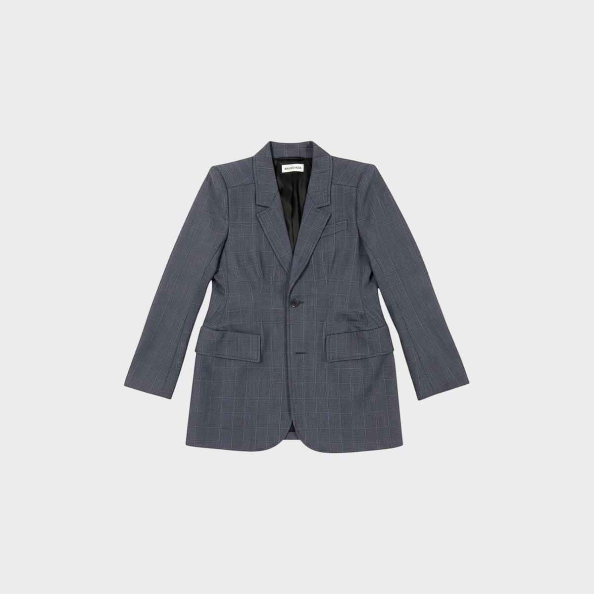 Tasoni Balenciaga grey Prince of Wales check hourglass blazer with structured waist and single button closure.
