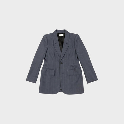 Tasoni Balenciaga grey Prince of Wales check hourglass blazer with structured waist and single button closure.