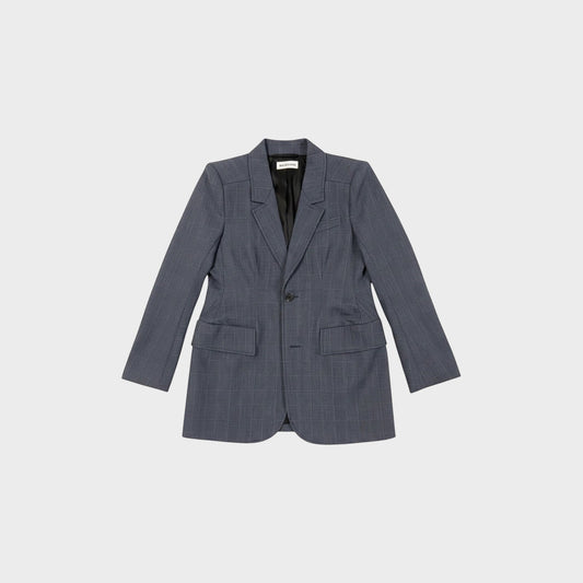 Tasoni Balenciaga grey Prince of Wales check hourglass blazer with structured waist and single button closure.