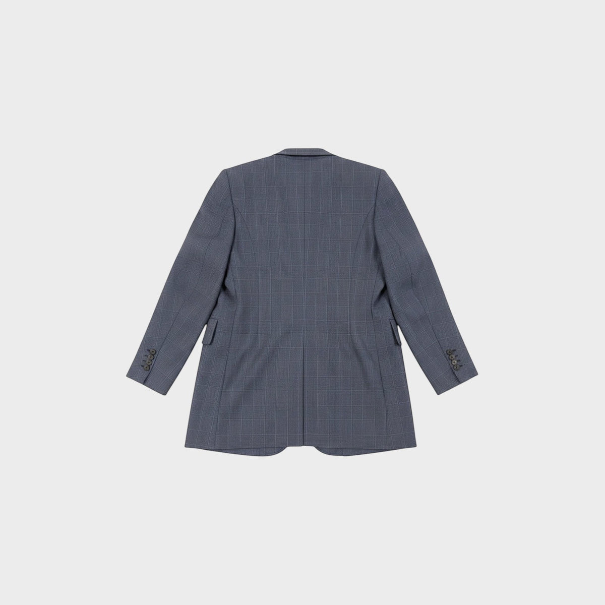 Tasoni Balenciaga grey Prince of Wales check hourglass blazer, back view showing tailored fit and button cuffs.