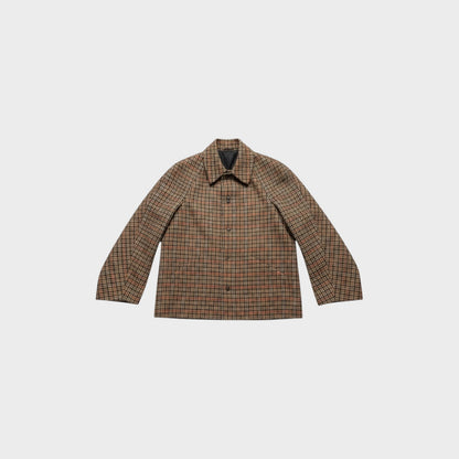 Tasoni Balenciaga wool brushed houndstooth collared blazer in brown and tan with a button-front closure.