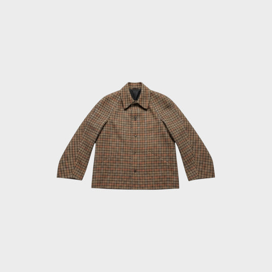 Tasoni Balenciaga wool brushed houndstooth collared blazer in brown and tan with a button-front closure.