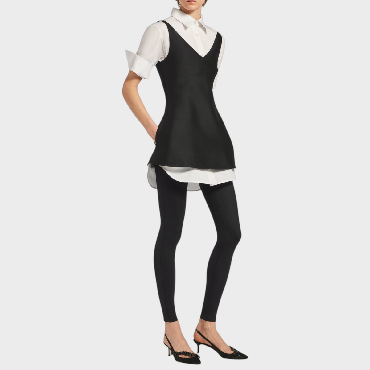 Tasoni Balenciaga hybrid shirt dress featuring a white collared shirt layered under a black silk camisole top.