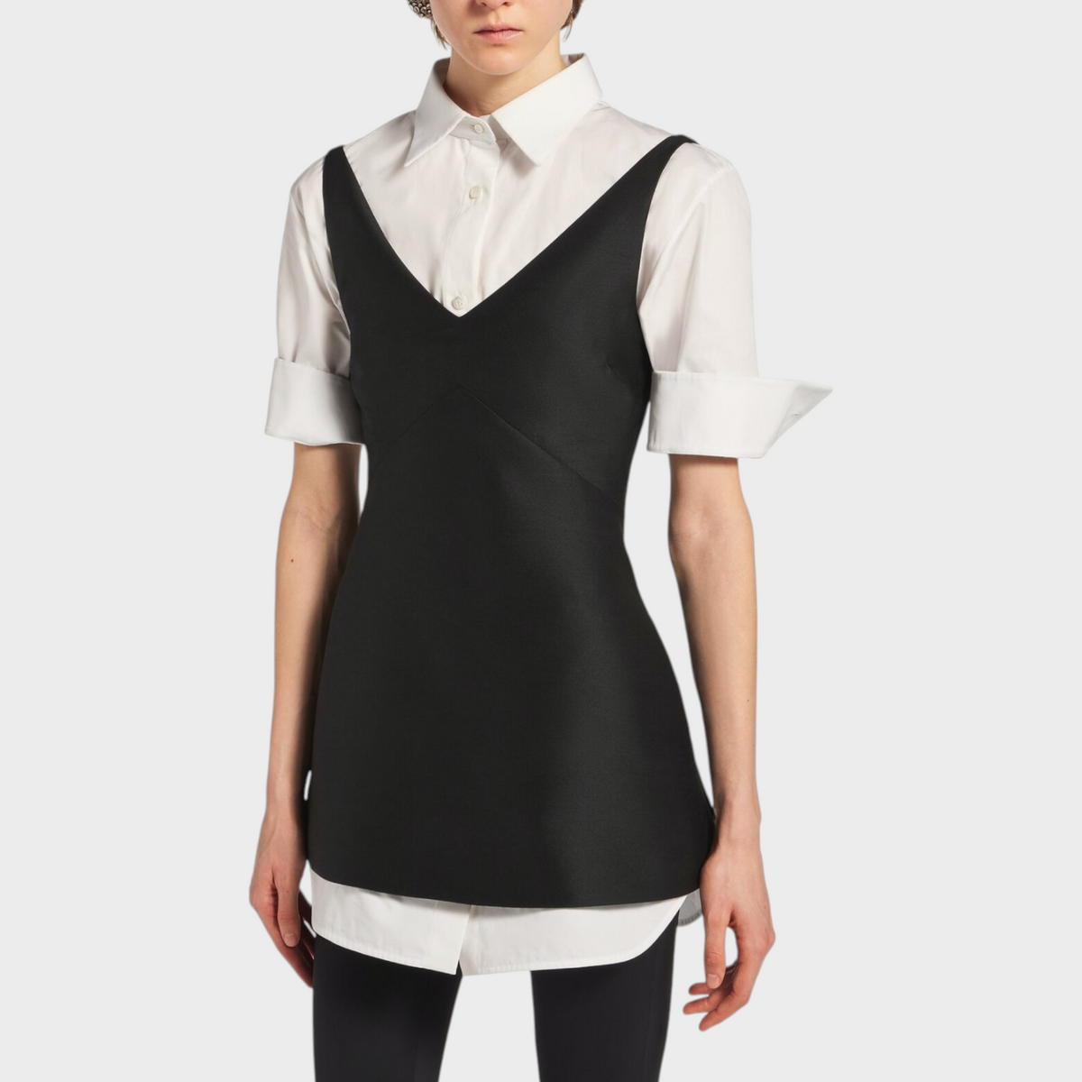 Tasoni Balenciaga hybrid shirt dress featuring a white collared shirt layered under a black wool and silk bodice.