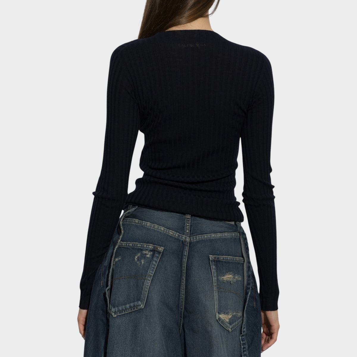 Tasoni Balenciaga navy wool ribbed crew neck sweater worn by a model from the back