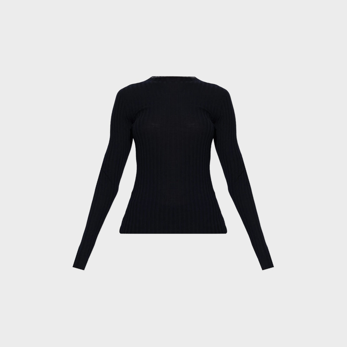 Tasoni Balenciaga navy wool ribbed crew neck sweater with long sleeves