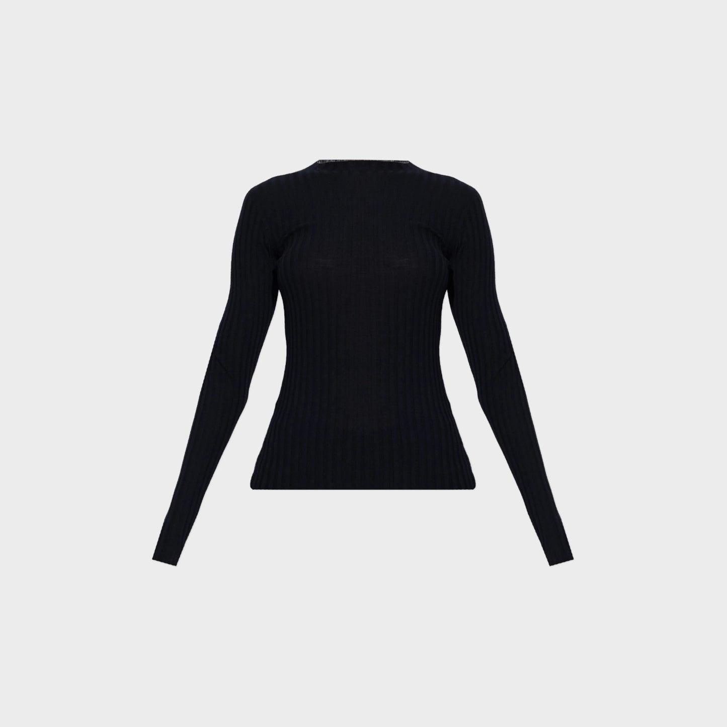 Tasoni Balenciaga navy wool ribbed crew neck sweater with long sleeves