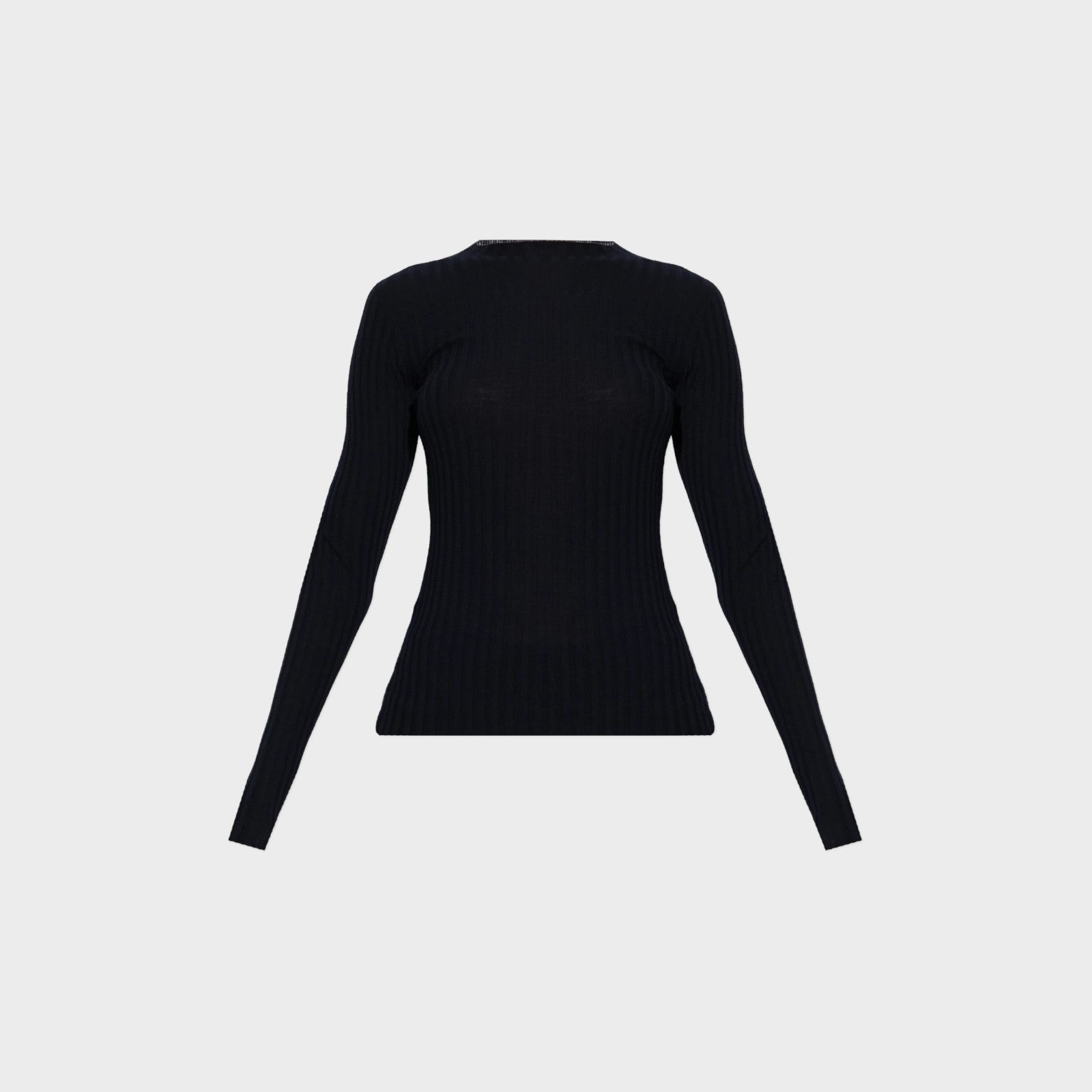 Tasoni Balenciaga navy wool ribbed crew neck sweater with long sleeves