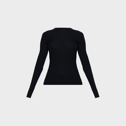 Tasoni Balenciaga navy wool ribbed crew neck sweater with long sleeves