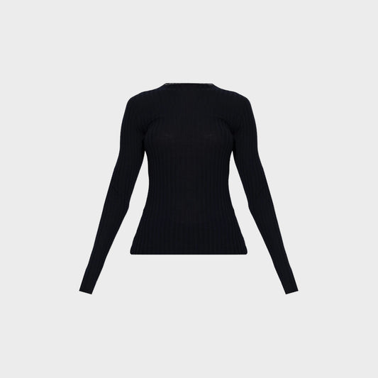 Tasoni Balenciaga navy wool ribbed crew neck sweater with long sleeves