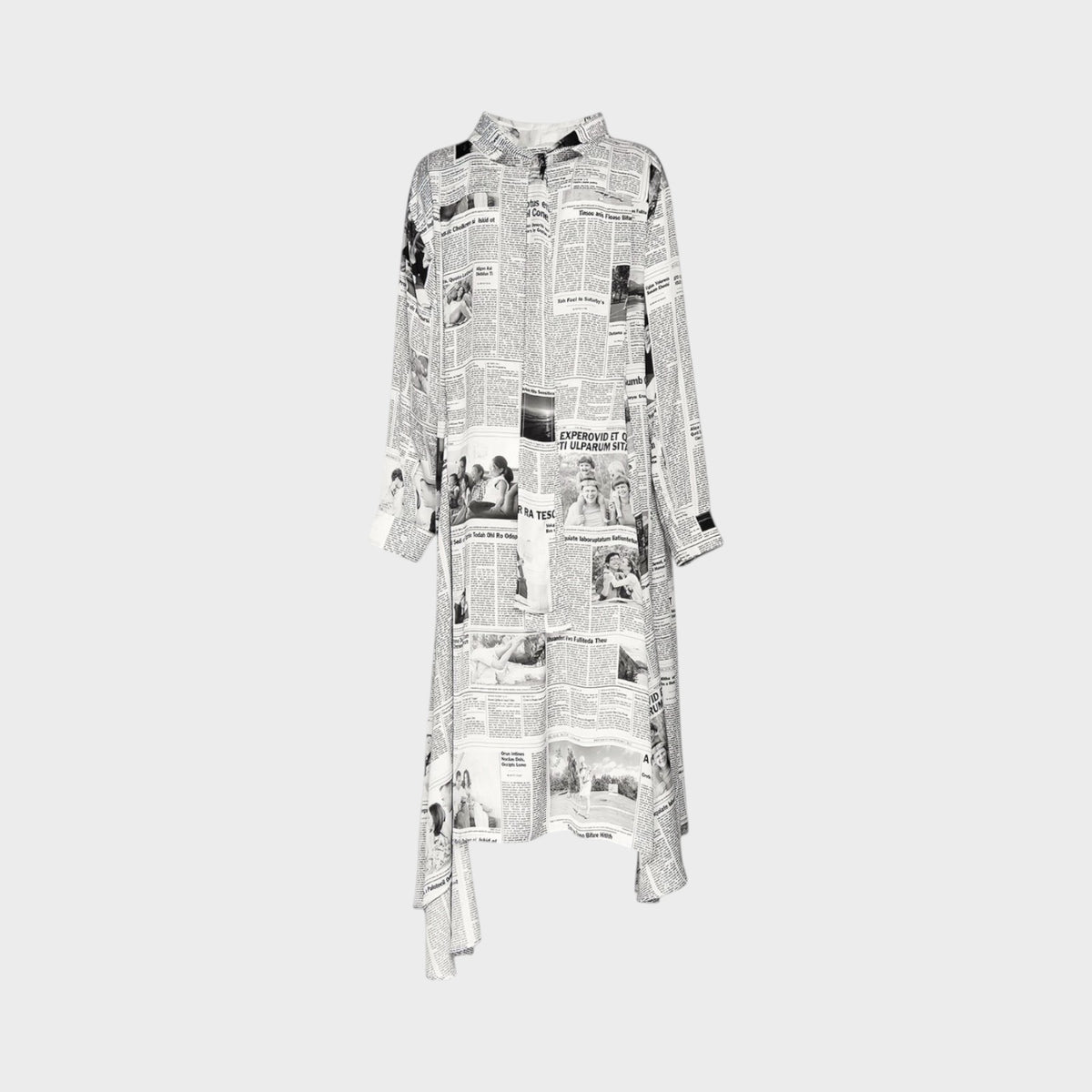 Tasoni Balenciaga long sleeve satin dress featuring a black and white newspaper print with a crew tie neck design.