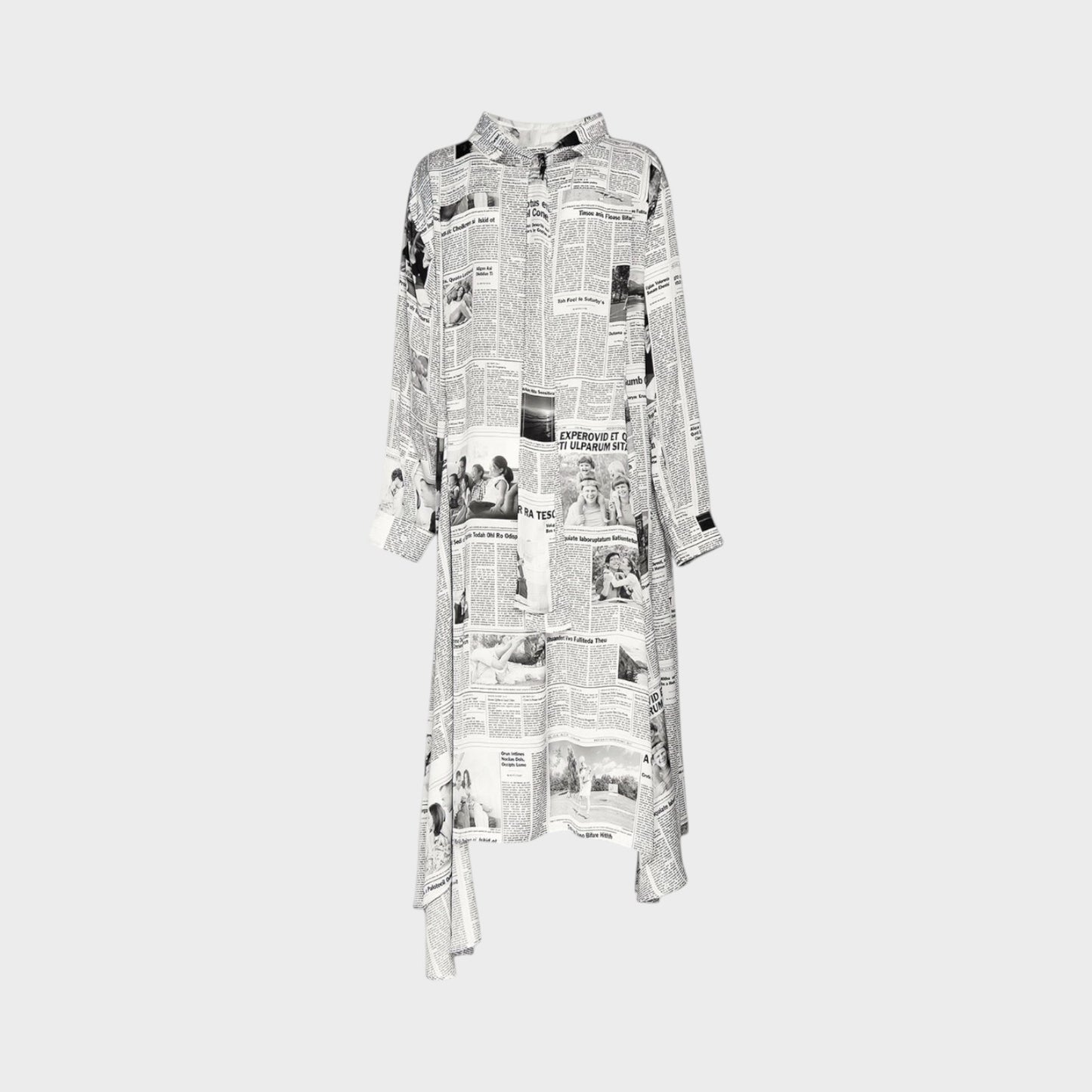 Tasoni Balenciaga long sleeve satin dress featuring a black and white newspaper print with a crew tie neck design.