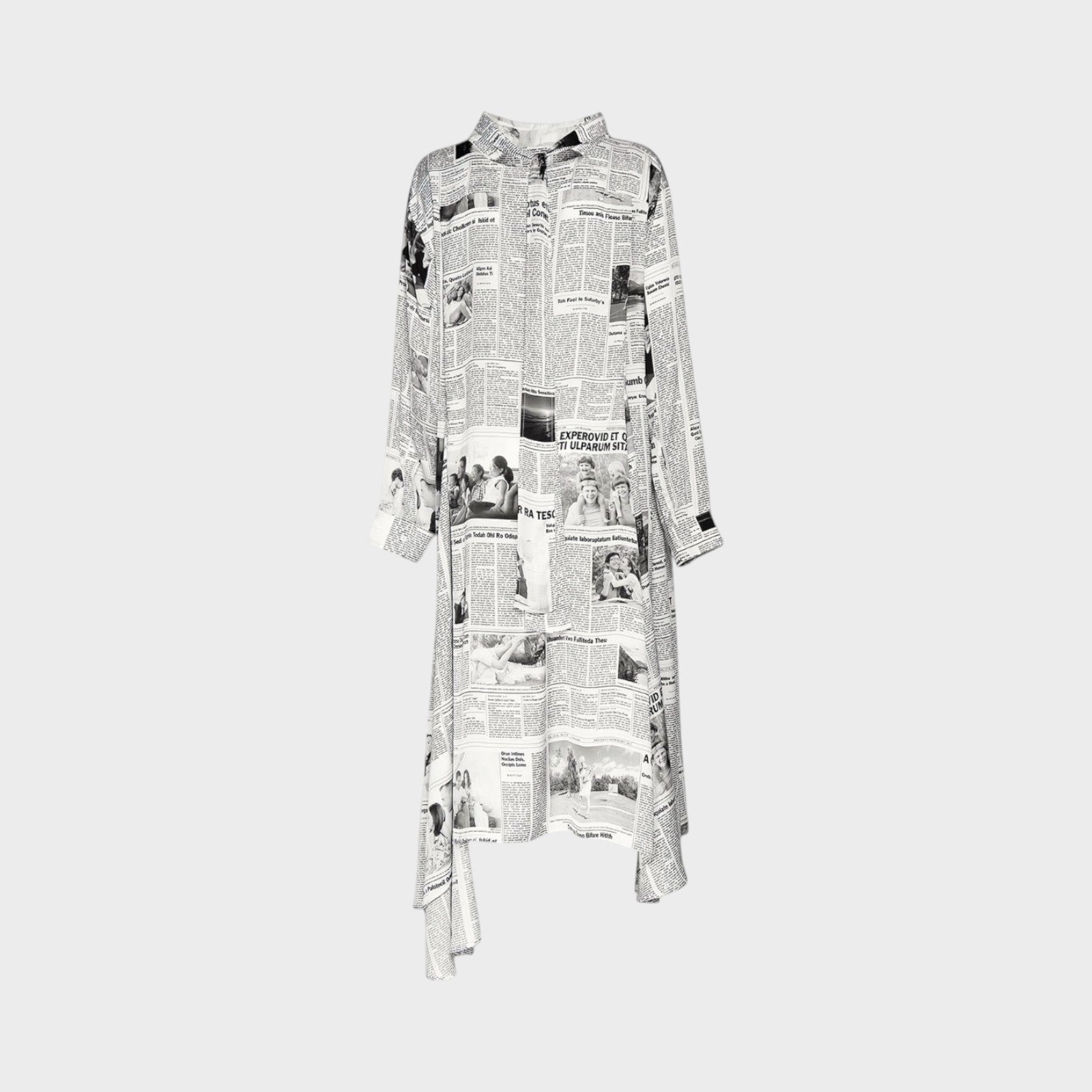 Tasoni Balenciaga long sleeve satin dress featuring a black and white newspaper print with a crew tie neck design.