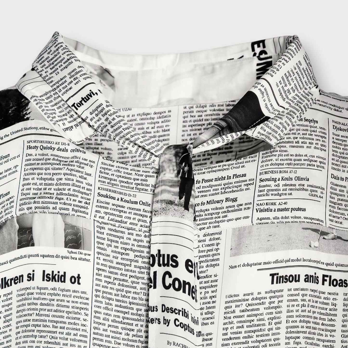 Tasoni Balenciaga light satin long sleeve dress featuring a black and white newspaper print with a crew tie neck.