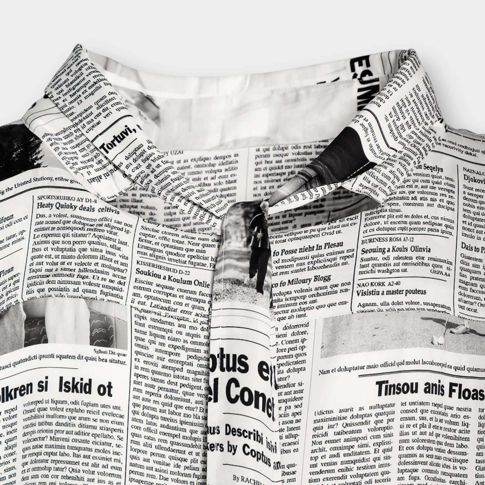 Tasoni Balenciaga light satin long sleeve dress featuring a black and white newspaper print with a crew tie neck.