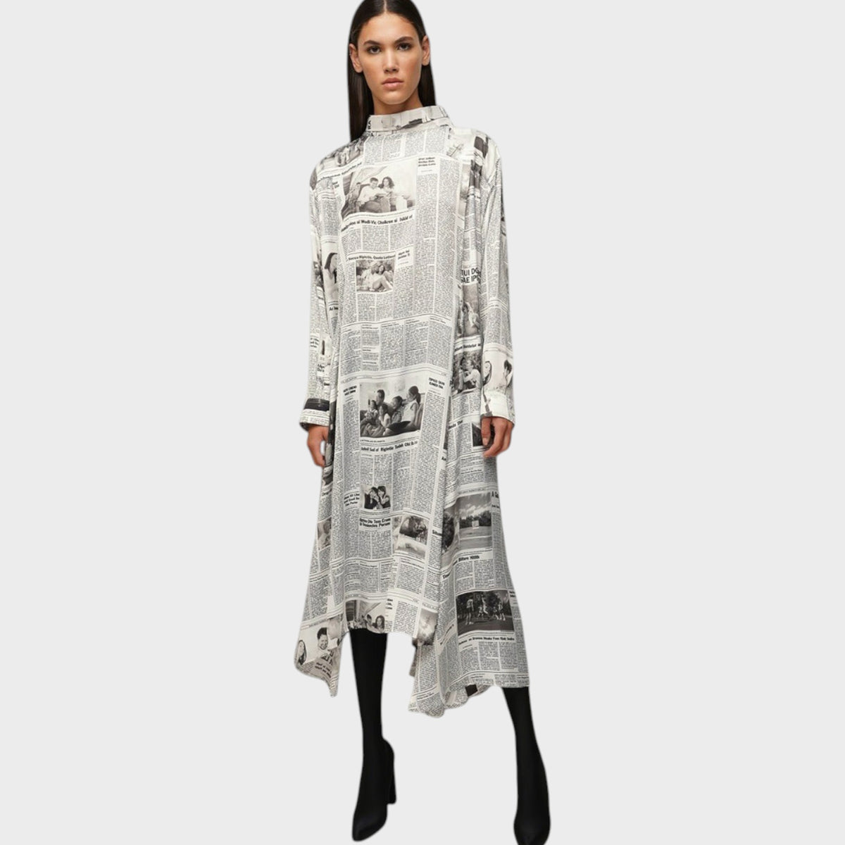 Tasoni Balenciaga light satin crew neck long sleeve dress with black and white newspaper print and tie back detail
