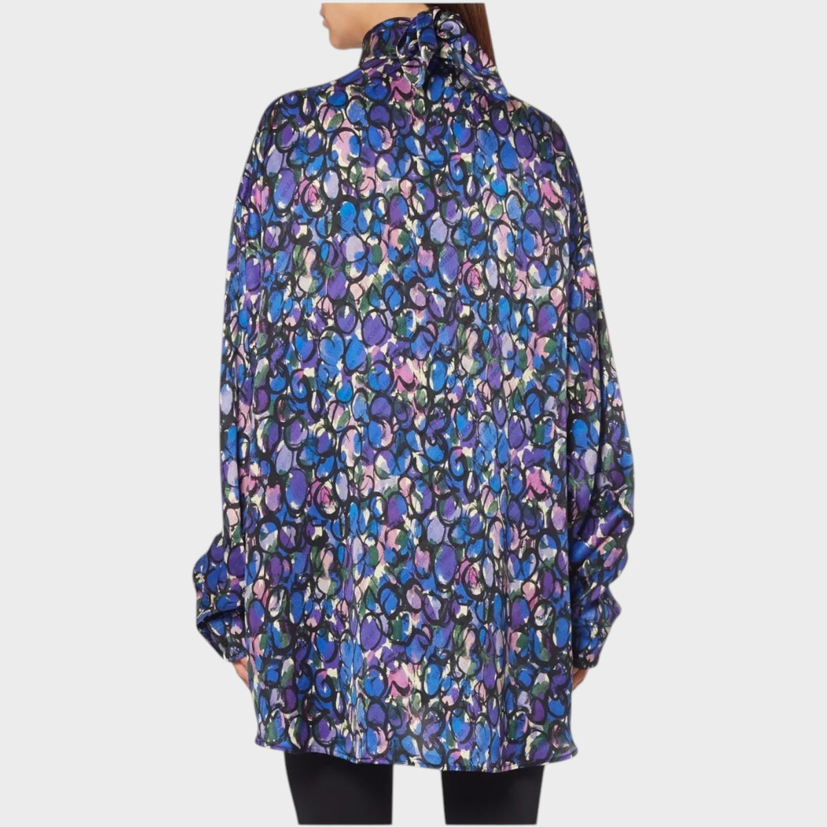 Tasoni Balenciaga black silk jacquard blouse featuring a vibrant blue and purple painted ovals pattern and scarf neck