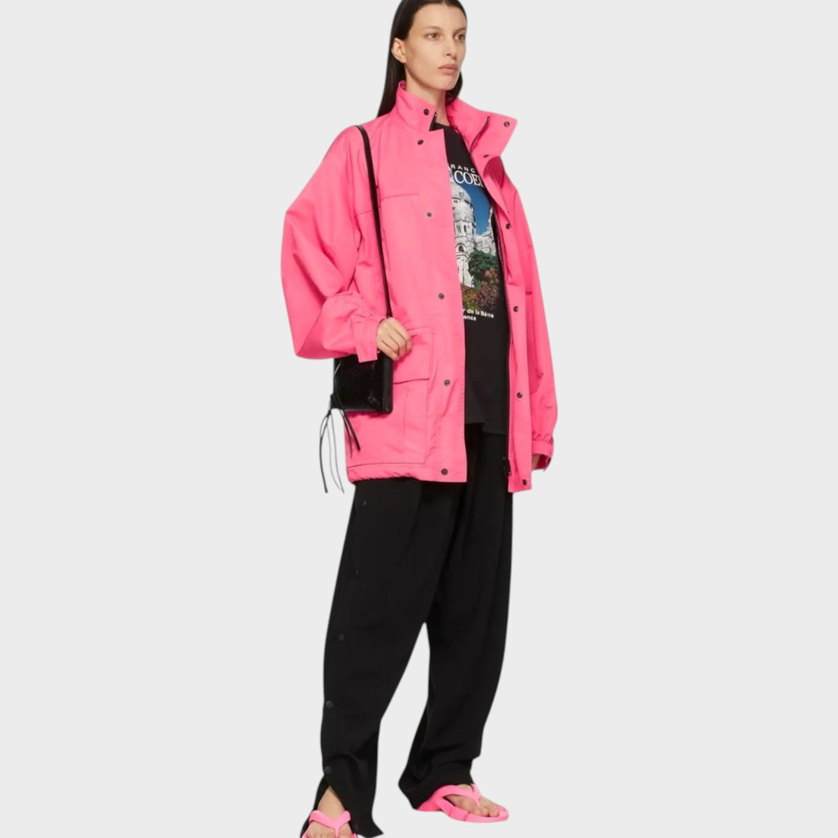 Tasoni Balenciaga bubble-gum pink soft calfskin leather parka with high collar, zip-up front, and drawstring waist.