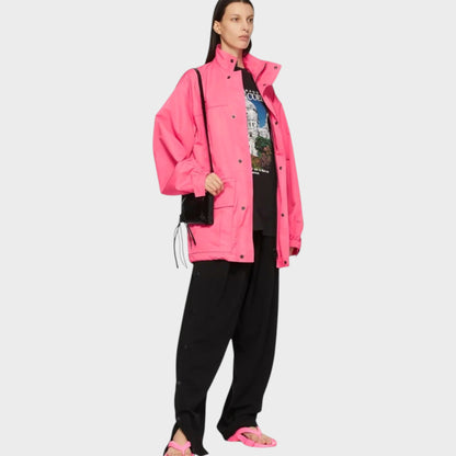 Tasoni Balenciaga bubble-gum pink soft calfskin leather parka with high collar, zip-up front, and drawstring waist.