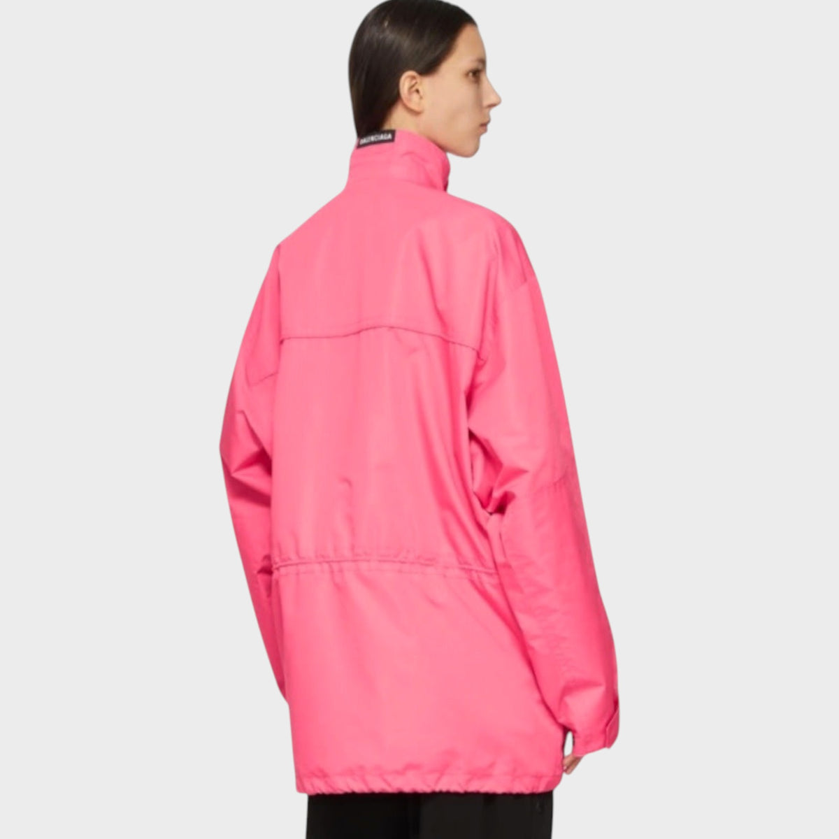 Tasoni Balenciaga bubble-gum pink calfskin leather parka with a high collar and drawstring waist, back view