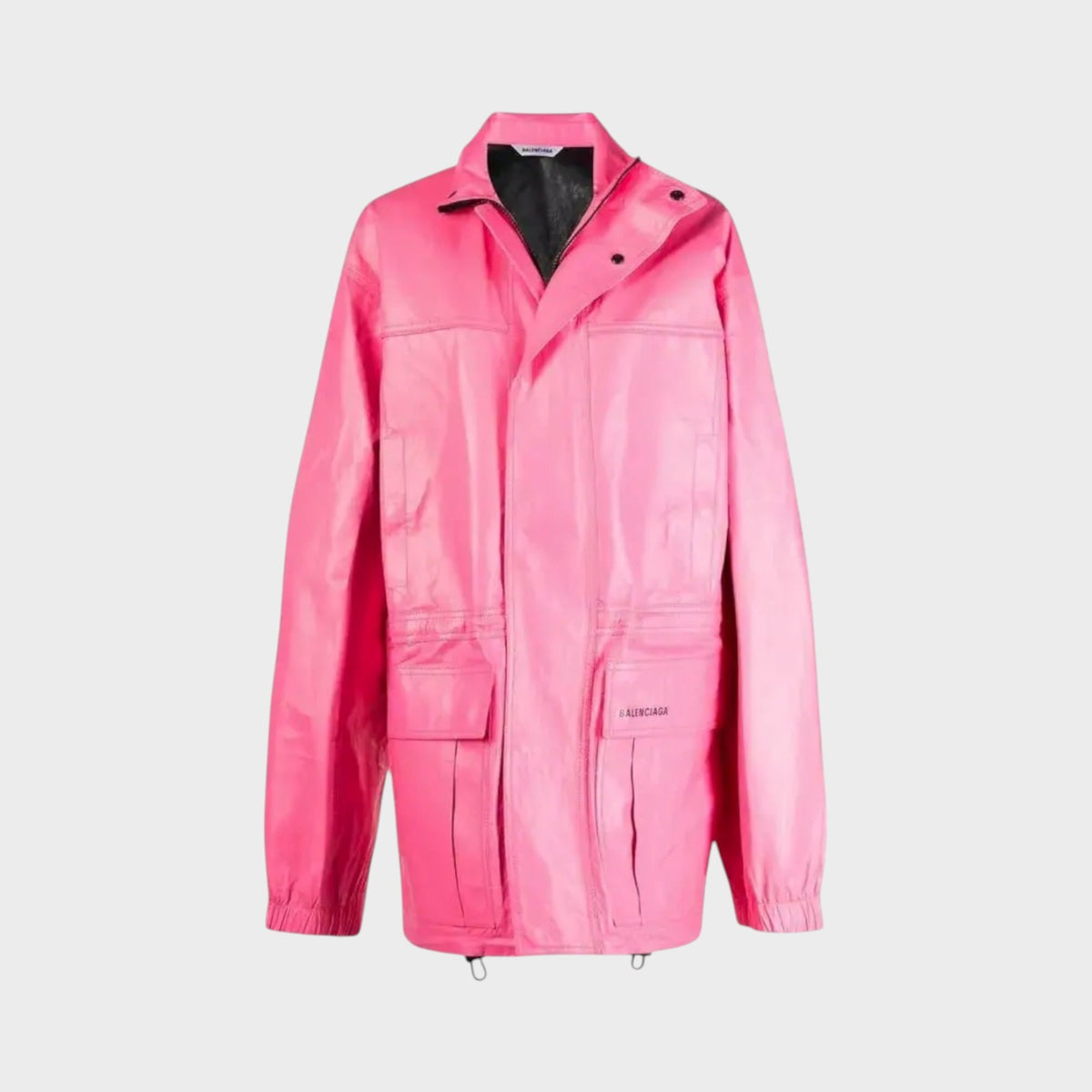 Tasoni Balenciaga bubble-gum pink soft calfskin leather parka with high collar, zip closure, and drawstring waist.