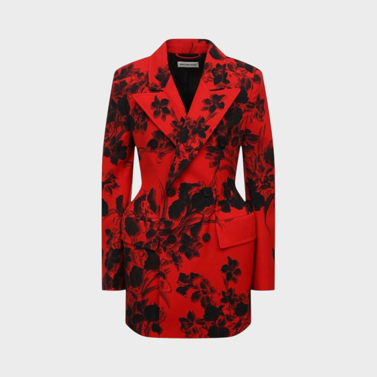 Tasoni Balenciaga red wool hourglass blazer featuring a black floral jacquard pattern and double-breasted closure.