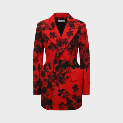 Tasoni Balenciaga red wool hourglass blazer featuring a black floral jacquard pattern and double-breasted closure.