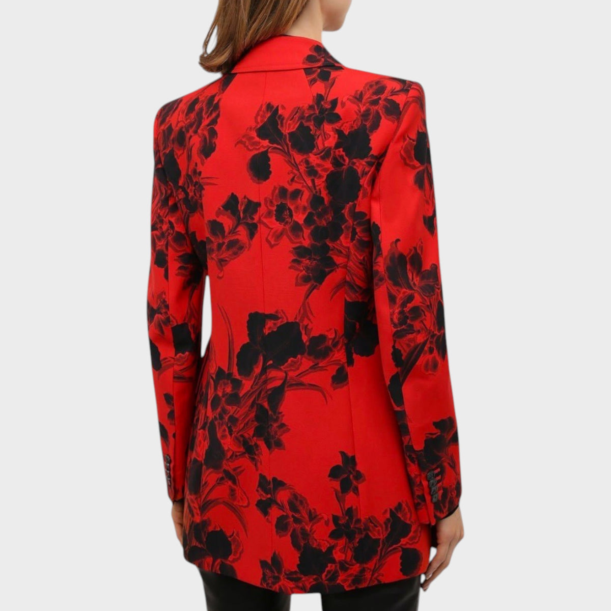 Tasoni Balenciaga red wool hourglass blazer with black floral jacquard pattern and back dart stitching