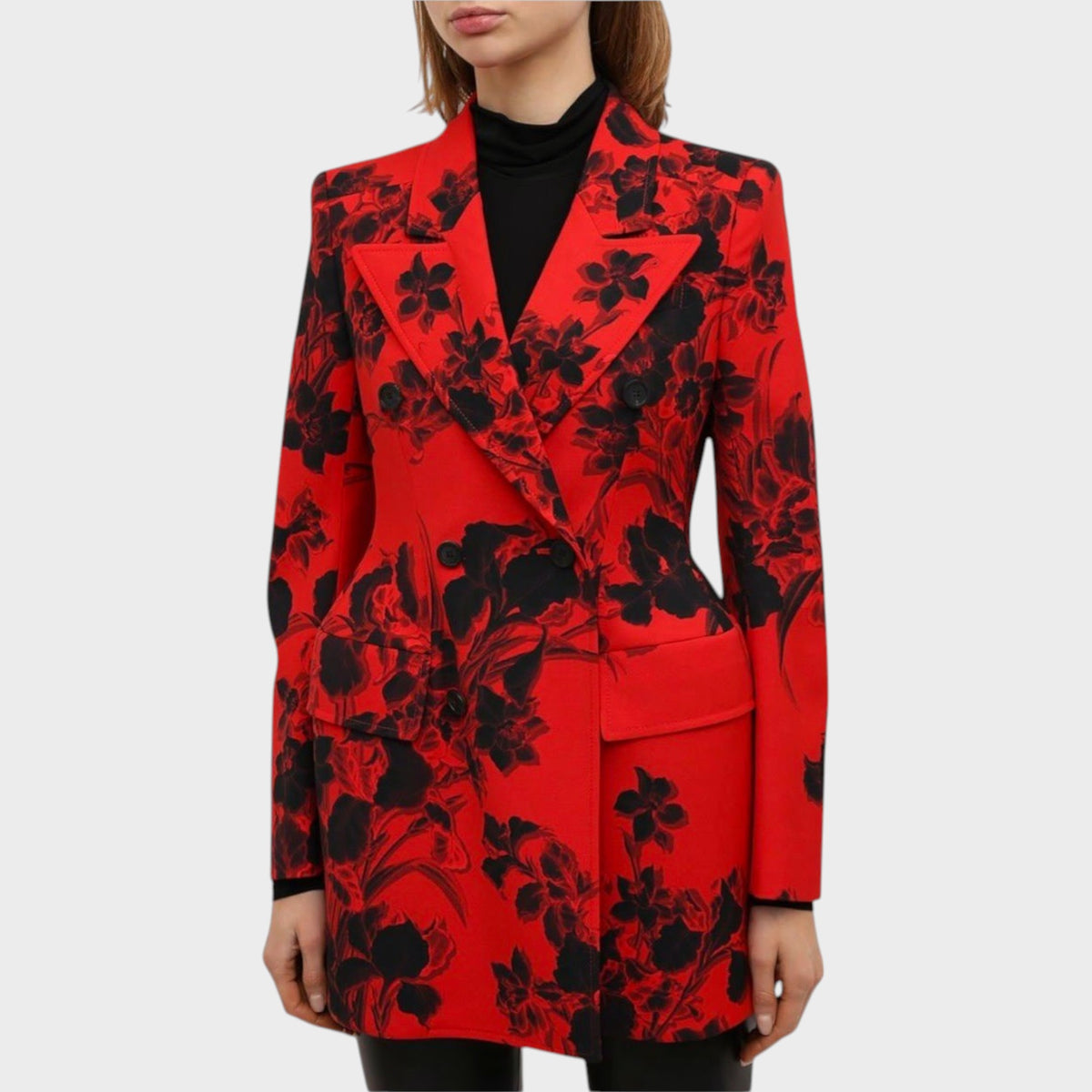 Tasoni Balenciaga red wool hourglass blazer featuring a black floral jacquard pattern and structured dart stitching.