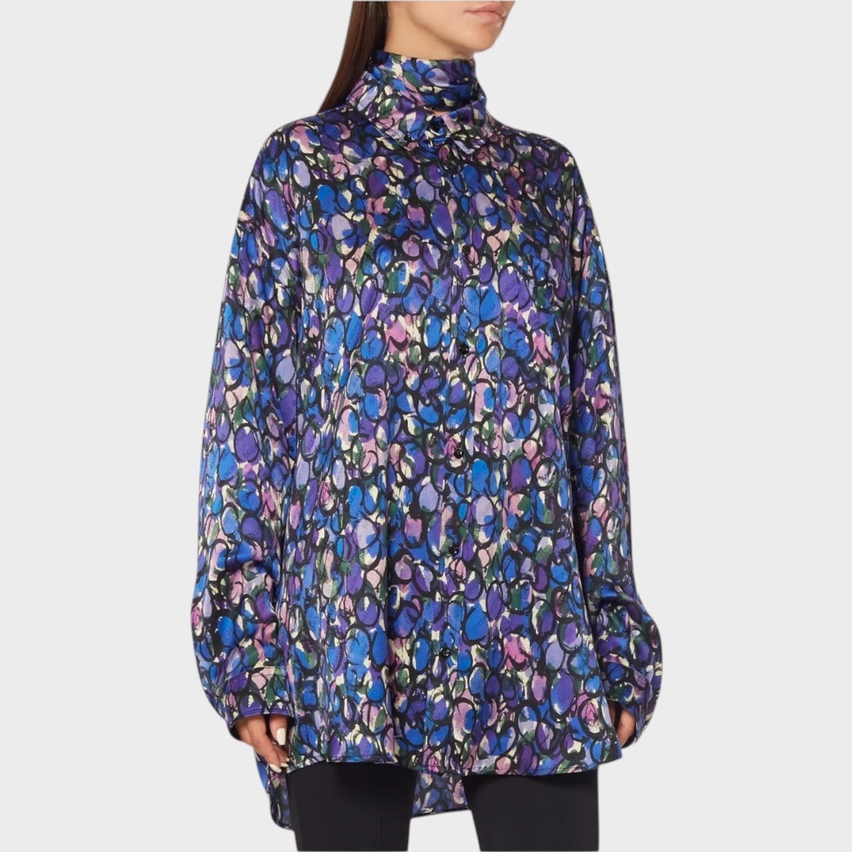 Tasoni Balenciaga black silk jacquard blouse with a purple and blue painted oval pattern and high neck collar.