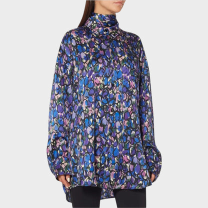 Tasoni Balenciaga black silk jacquard blouse with a purple and blue painted oval pattern and high neck collar.