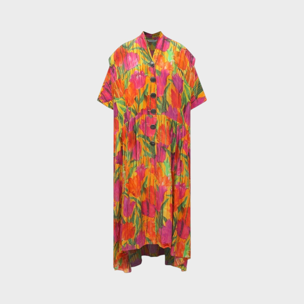 Tasoni Balenciaga silk crepe oversized V-neck dress in yellow and purple with a vibrant dripping tulip floral print.