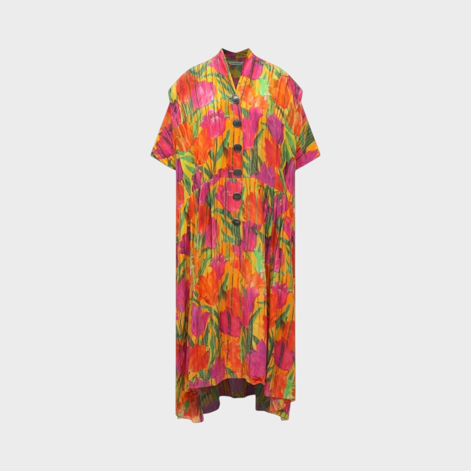 Tasoni Balenciaga silk crepe oversized V-neck dress in yellow and purple with a vibrant dripping tulip floral print.