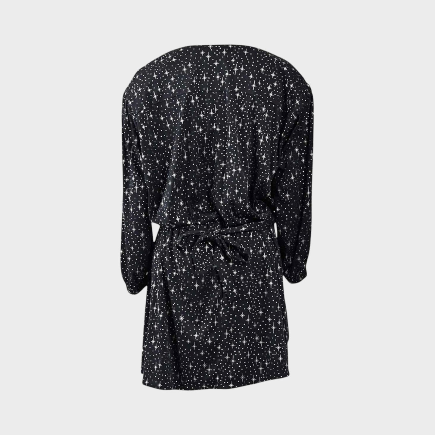 Tasoni Balenciaga black mini dress featuring a white star print, V-neckline, and long sleeves, back view.