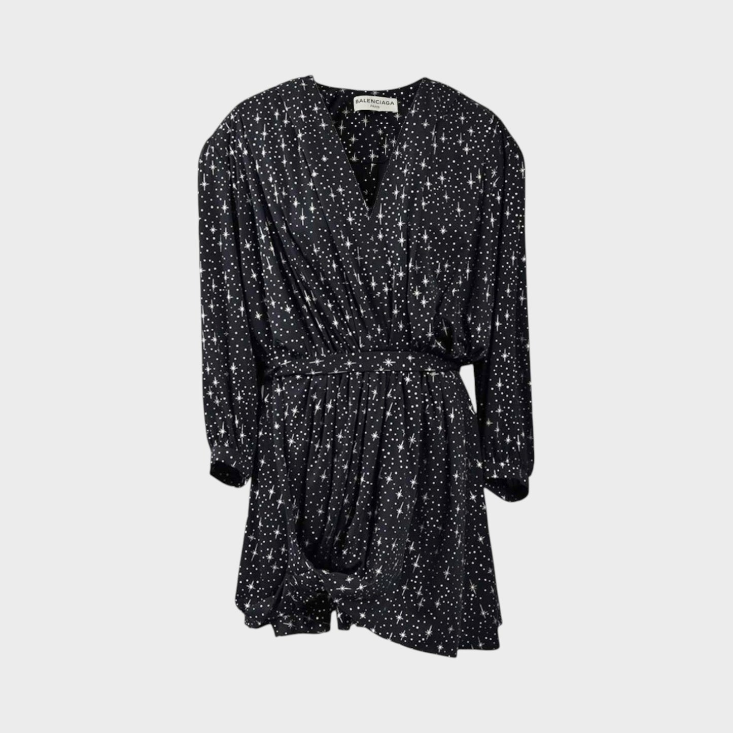 Tasoni Balenciaga black mini dress with white star print, featuring a V-neck and draped waist detail.