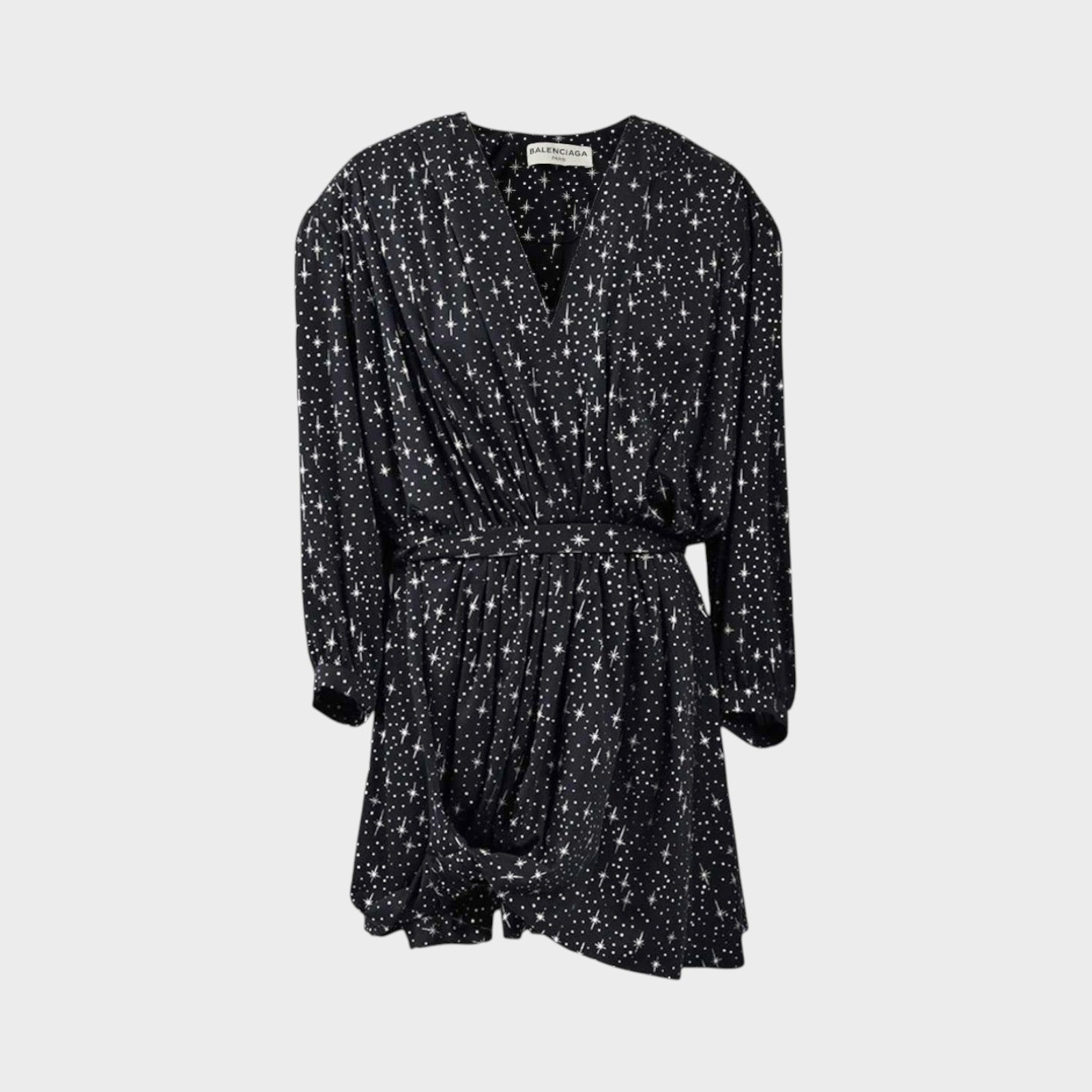 Tasoni Balenciaga black mini dress with white star print, featuring a V-neck and draped waist detail.