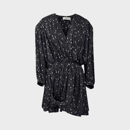 Tasoni Balenciaga black mini dress with white star print, featuring a V-neck and draped waist detail.