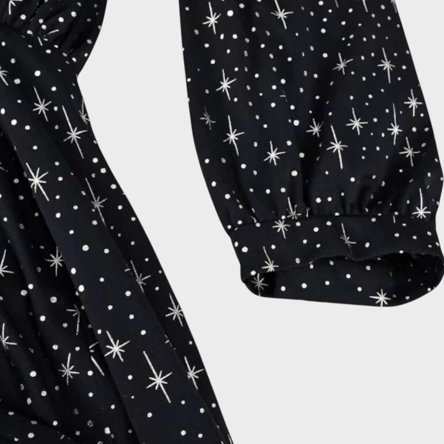 Tasoni Balenciaga black mini dress sleeve with white star and dot print pattern