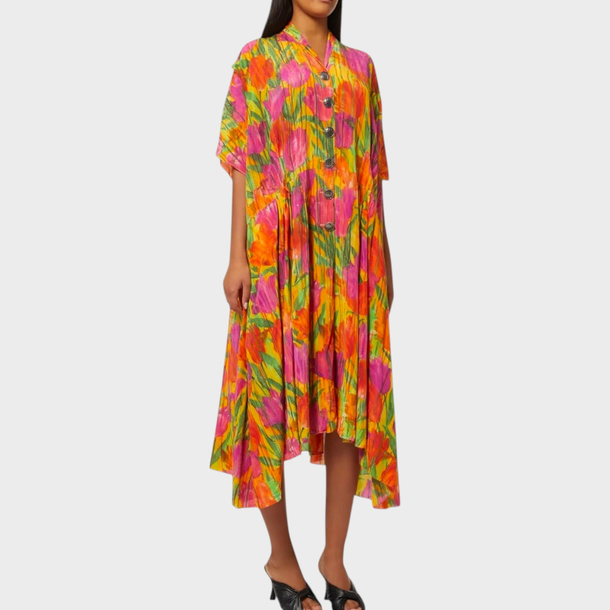 Tasoni Balenciaga oversized silk crepe V-neck dress featuring a yellow and purple dripping tulip floral print.