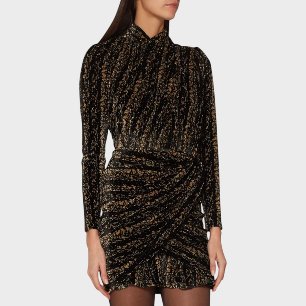 Tasoni Balenciaga velvet jersey jacquard draped mini dress in black and gold with long sleeves and high neckline