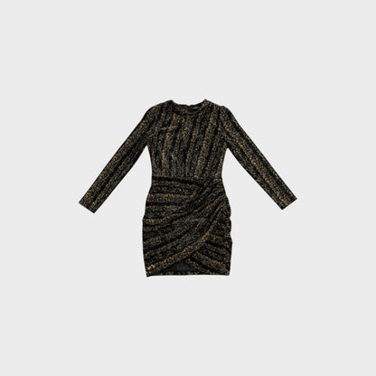Tasoni Balenciaga long-sleeve velvet jersey jacquard draped mini dress in black and gold