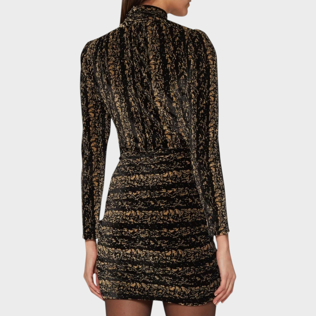 Tasoni Balenciaga long-sleeve mini dress in black and gold velvet jersey jacquard with a draped high-neck design.