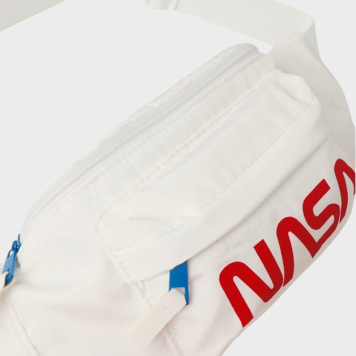Tasoni Balenciaga white nylon NASA belt pack with red logo and blue zipper pulls